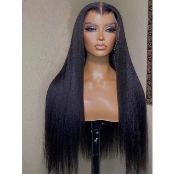 Мягкий 28-дюймовый Длинный парик из натурального черного яки плотностью 200% с прямыми кудрявыми кружевами спереди для женщин с детскими волосами, предварительно выщипанный без клея