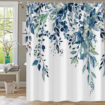 Синие занавески для душа из листьев эвкалипта с акварельными цветами и листьями растений Комплект штор для ванны из полиэфирной ткани Декор ванной комнаты с крючками
