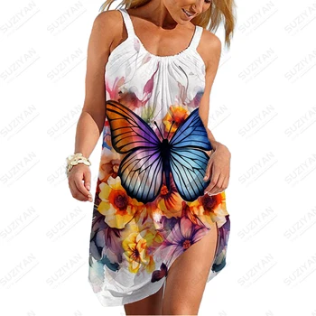 Новое летнее женское платье на подтяжках, женское платье-камзол с 3D принтом бабочки, красивое модное женское платье на подтяжках