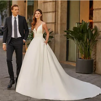 Элегантные Длинные атласные свадебные платья с V-образным вырезом и карманами для вечеринок 프롬드레스
