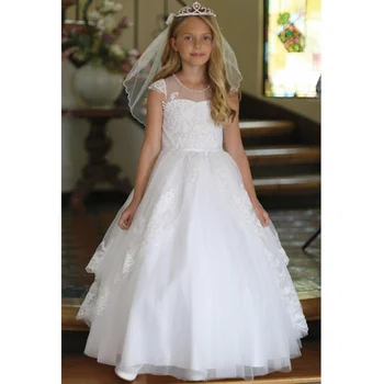 Белые платья для девочек в цветочек, тюлевые аппликации, кружевной подол, короткий рукав для свадьбы, дня рождения, банкета, платья для первого причастия