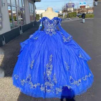Голубое Блестящее Пышное платье С аппликацией В виде Сердца 3DHandmade С цветочным рисунком И длинными рукавами, Бальные платья Vestidos De 15 Años