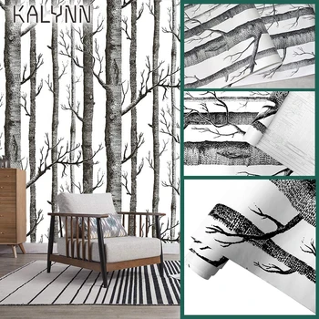 Березовый лес Самоклеящиеся 3D обои для гостиной, спальни, Наклейка на стену, Виниловая контактная бумага, Черно-белая деревянная фреска, 6 м * 45 см