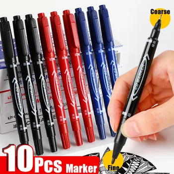 10шт Перманентный маркер с двумя наконечниками, черный/синий/красный масляный маркер, ручка, тонкие чернила, канцелярские принадлежности, школьные и офисные принадлежности