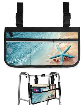Раковины морских звезд на пляже Синего моря, подлокотник для инвалидной коляски, боковое хранилище, несколько карманов со светоотражающими полосками, подвесная сумка для хранения