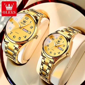 Набор часов для пары OLEVS Элегантные часы из нержавеющей стали, светящиеся водонепроницаемые наручные часы с датой недели, подарок любителям Его или ее набора часов