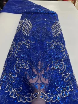 Кружевная ткань с бисером, роскошные Свадебные Тяжелые хрустальные бусины для свадебного платья, Высококачественная Французская тюлевая сетка с блестками, Синий сетчатый материал