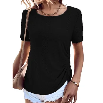 Лето 2023, повседневная свободная футболка с кружевным шнурком и круглым вырезом, блузка большого размера, черная