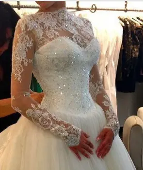 Современное бальное платье Vestido De Noiva с высокой горловиной и бисерной аппликацией, плюс свадебные платья большого размера с длинным рукавом для новобрачных.