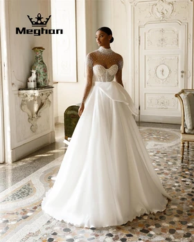 Классическое свадебное платье с высоким воротом 2023 Роскошные свадебные платья с бисером, жемчугом и кружевом, вечерние платья с рукавами, бальное платье на заказ