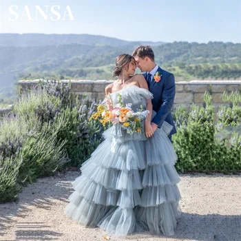 Роскошное серо-голубое бальное платье Sansa, великолепное многослойное платье для выпускного вечера, милое платье без бретелек из тюля с пышным хвостом, Vestidos De Noche