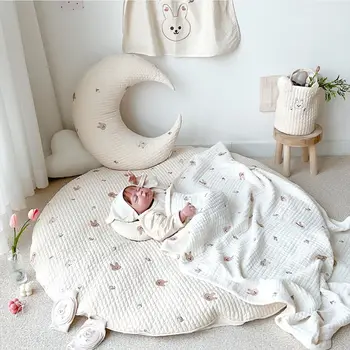 Корейский Новый детский круглый коврик для ползания, съемный и моющийся коврик для пола, ковер с вышивкой в виде кролика, ковер для украшения детской комнаты