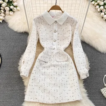 Новое осеннее модное Белое твидовое платье, женское платье с воротником 