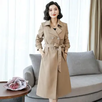 Новинка весны и осени 2023, приталенное женское пальто средней длины цвета Хаки, большого размера, темпераментное модное пальто высокого класса