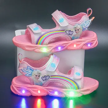 Сандалии со светодиодной подсветкой из мультфильма Disney Frozen Принцесса Эльза Обувь для девочек Модные Легкие Детские Сандалии Лето 2022 Обувь для девочки