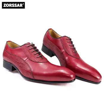 Мужская обувь большого размера, деловые повседневные туфли-оксфорды из натуральной кожи, высококачественные черно-красные мужские модельные свадебные туфли ручной работы