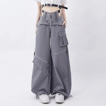 Серые брюки-карго, женские летние повседневные оригинальные ретро повседневные брюки оверсайз с двумя карманами на молнии, с завязками, женские повседневные брюки оверсайз