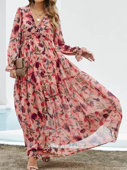 Длинное платье с цветочным принтом, женское осеннее платье с длинным рукавом и V-образным вырезом и рюшами, повседневное платье Макси в стиле Бохо, Элегантное Свободное платье трапециевидной формы.