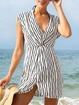 Женское короткое бикини без рукавов с V-образным вырезом, полосатое праздничное пляжное платье-туника 2023, Летнее мини-платье, пляжная одежда