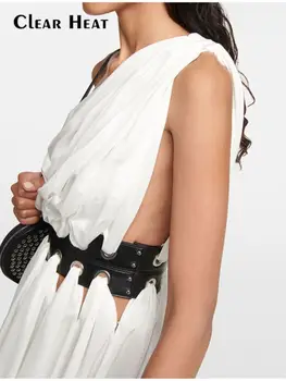 Женское мини-платье с открытой спиной и белой кожаной отделкой, сексуальное платье без рукавов с вырезом лодочкой и открытой спиной, модное уличное платье на бретелях