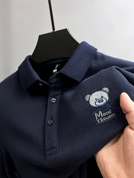 Высококачественная рубашка поло из чистого хлопка с длинным рукавом и вышивкой в виде головы медведя, модная мужская футболка с отворотом, удобный и мягкий топ