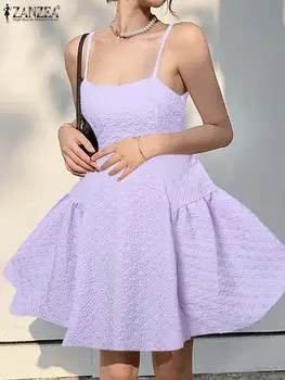 ZANZEA Корейское модное Женское платье-комбинация Сексуальное мини-платье на бретельках без рукавов с подтянутой талией для вечеринок Текстурированный сарафан с завязками на спине