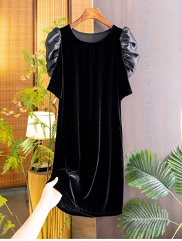 Молодой и модный Уличный стиль, Элегантный шелк + бархат, Черное женское платье 2023 года, Новое французское платье с круглым вырезом и рукавами-пузырями, S-XL