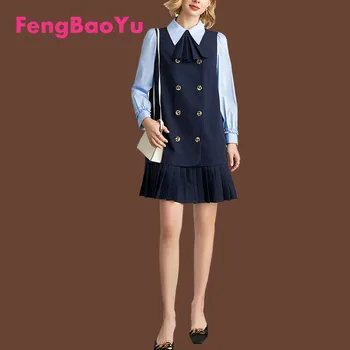 Fengbaoyu Blue plicing В Британском Стиле, Поддельные Два Платья, Женская Осенне-Зимняя Модная Одежда Средней Длины В Академическом Стиле