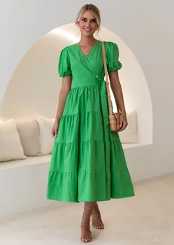 Платье с перекрестным V-образным вырезом и принтом с запахом 2023 Летнее новое зеленое элегантное женское платье средней длины Vestidos