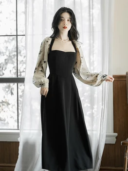 Квадратный воротник, рукав-пузырек, черное платье в стиле пэчворк с высокой талией и принтом 2023, модная женская одежда