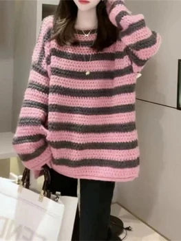 Женский осенне-зимний свитер-пуловер в полоску в корейском стиле, свободный Повседневный трикотаж с круглым вырезом и длинными рукавами, Уличная одежда