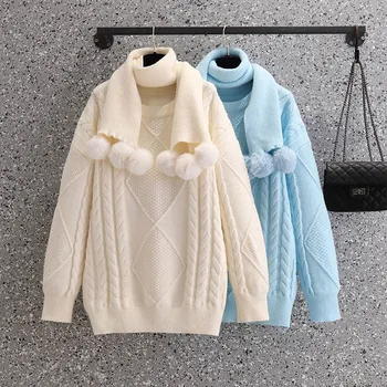 Корейский модный трикотаж с круглым вырезом, свитер, шарф, костюм-двойка для женщин 2023, осень-зима, Новый Милый Свободный вязаный топ