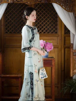 Летние Элегантные платья с круглым вырезом и цветочным принтом, короткими рукавами династии Цин, Вьетнамское вечернее платье