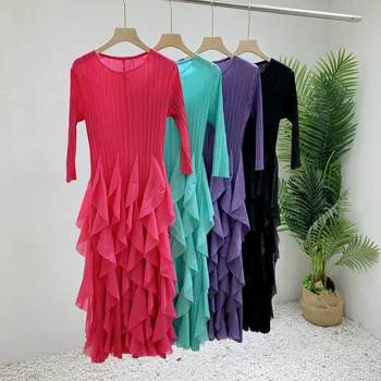 Свободное эластичное плиссированное платье Miyake 2023, Осеннее кружевное длинное платье с коротким рукавом, женское летнее платье Макси средней длины