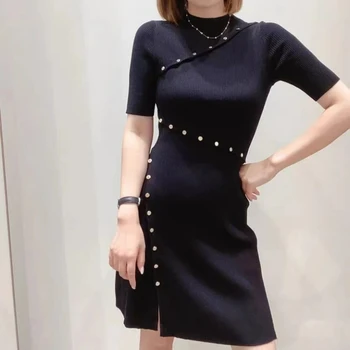 Новое платье из черной нити с короткими рукавами Ранней Осени 2023 года