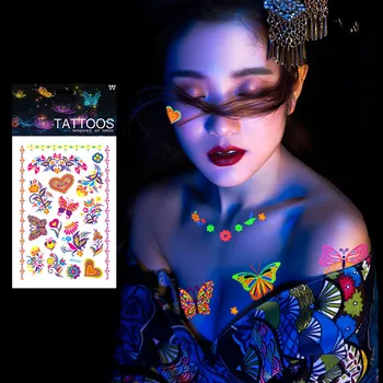 1 Лист Светящихся временных татуировок, наклеек, светящейся темно-флуоресцентной водонепроницаемой татуировки бабочки для лица, боди-арта, вечеринки на Хэллоуин
