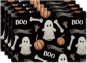 Черные Тыквы Ghost Bone Boo Placemats Набор из 4 12x18 Дюймовых Жутких Акварельных Настольных Ковриков на Хэллоуин для Украшения Столовой