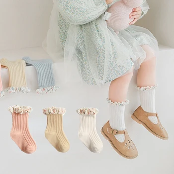 Мягкие дышащие Цветочные Шифоновые кружевные носки с оборками Для маленьких девочек, Хлопковые носки Принцессы в рубчик, Элегантные Детские праздничные Свадебные носки от 0 до 8 лет