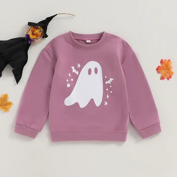 Осенне-зимняя одежда для маленьких девочек на Хэллоуин от 3 до 12 лет, теплая верхняя одежда, толстовка с круглым вырезом и принтом призрака, топы для детей, куртка, пуловер