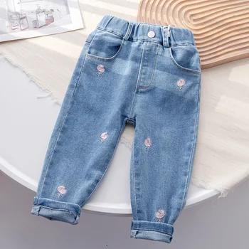 Джинсовые брюки для маленьких девочек, однотонные детские повседневные джинсы с вышивкой, весна-осень, ковбойские брюки для маленьких девочек