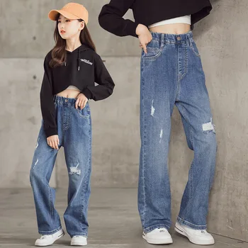 Джинсовые брюки для девочек, джинсовые брюки для детей, весна-осень, повседневные длинные брюки для девочек, подростковая одежда для девочек от 3 до 15 лет