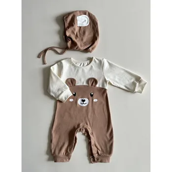 7342 Одежда для новорожденных, комбинезон с мультяшным мишкой, Осенняя мода 2023, цельная одежда для милого мальчика, одежда для скалолазания со шляпой