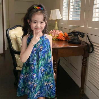 Корейское платье на подтяжках в стиле масляной живописи для девочек, Летнее детское платье с жемчужной полой горловиной, детское платье 3-8 лет