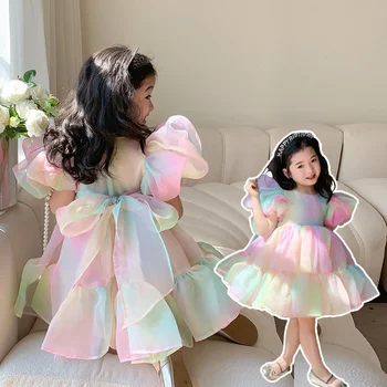 Летнее платье для девочек, сетчатые платья принцессы с пузырчатыми рукавами, детская одежда для девочек, детские платья на день рождения, радужные пышные платья