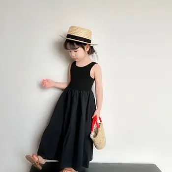 Черное платье для девочек в корейском стиле 2023 Корейские стили, новое модное летнее повседневное простое милое платье без рукавов для девочек