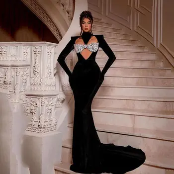 Kadisua Fashion, Новое поступление, Черное вечернее платье с длинным рукавом и высоким вырезом, украшенное кристаллами и бисером, шлейф для особых случаев, Vestido