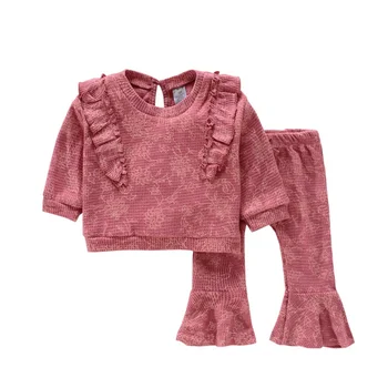 12-24 м, осенние комплекты свитшотов для новорожденных девочек, однотонный пуловер с оборками и длинными рукавами, топы, брюки, наряд, костюм