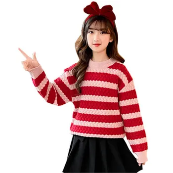 Sweet Girls/ Новый полосатый трикотаж, весенне-осенний детский повседневный Корейский свитер, топы с полосатым рисунком для детей от 4 до 13 лет