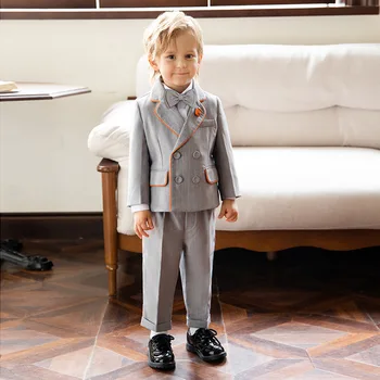 Детский официальный осенне-зимний костюм, комплект, блейзер для мальчиков, жилет, брюки, одежда с бабочкой, детское свадебное платье для вечеринки с пианино