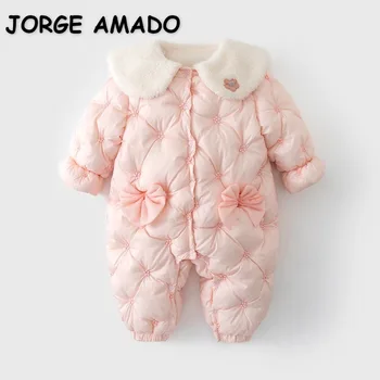 Новый зимний плотный комбинезон для девочки с розовым бантом, плюшевый однобортный комбинезон принцессы с отложным воротником, стеганая куртка для новорожденных ED005